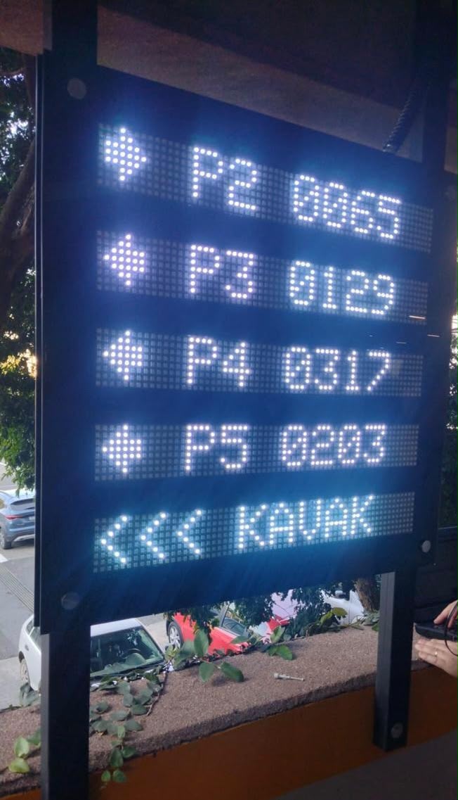 Painel luminoso com setas direcionais e números de vagas por piso